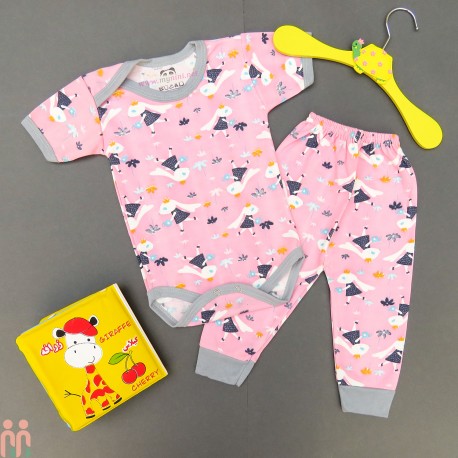 ست لباس نوزاد بادی آستین کوتاه و شلوار نخی صورتی خرگوش و گل baby bodysuits set