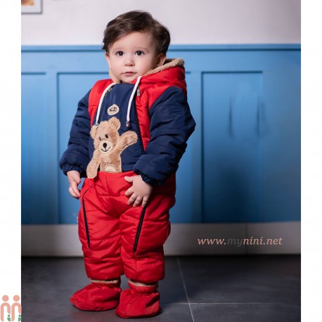سرهمی کاپشنی خزدار نوزاد و کودک کلاهدار تدی قرمز baby warm hooded jumpsuits