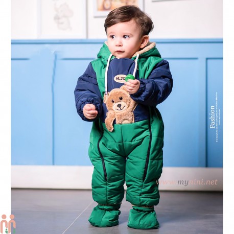 سرهمی کاپشنی خزدار نوزاد و کودک کلاهدار تدی سبز baby warm hooded jumpsuits