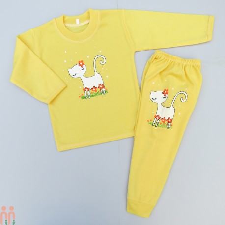 لباس ست بلوز شلوار نخی نوزاد و کودک زرد گربه Baby clothes set