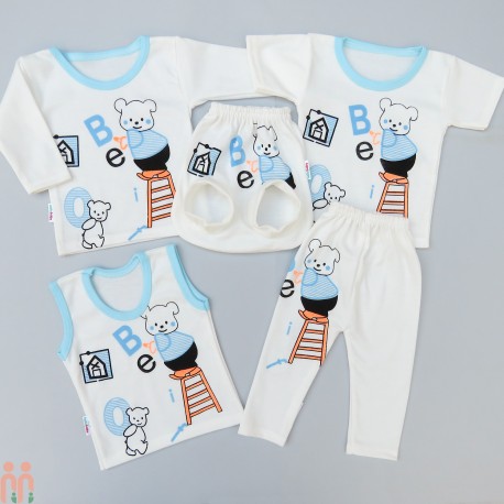 بهترین لباس نوزادی پسرانه ست 5 تکه نخی آبی سفید خرس و حروف Baby clothes set