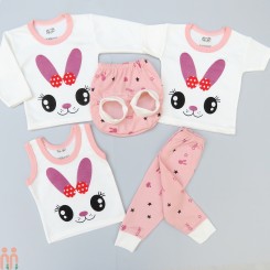بهترین لباس نوزادی دخترانه ست 5 تکه نخی صورتی سفید خرگوش Baby clothes set