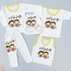 بهترین لباس نوزاد دختر و پسر ست 5 تکه نخی زرد سفید Baby clothes set