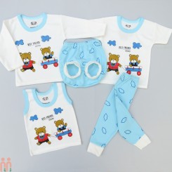 بهترین لباس نوزاد پسرانه ست 5 تکه نخی آبی سفید تدی Baby clothes set