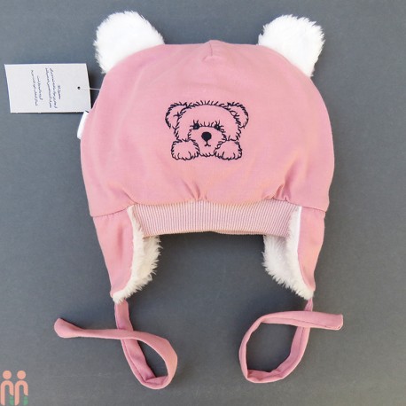 کلاه دخترانه نوزاد روگوشی گرم داخل خزدار خرس کوچولو صورتی Baby warm hats