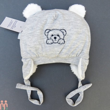 کلاه بچه گانه نوزاد روگوشی گرم داخل خزدار خرس کوچولو طوسی Baby warm hats