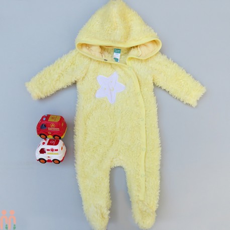 لباس سرهمی نوزاد خزدار بره ای کلاه دار لیمویی ستاره Baby warm jumpsuits