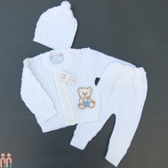 لباس بافتنی نوزاد سویشرت یقه گرد و شلوار و کلاه شیری خرس 3 تکه baby warm clothes set