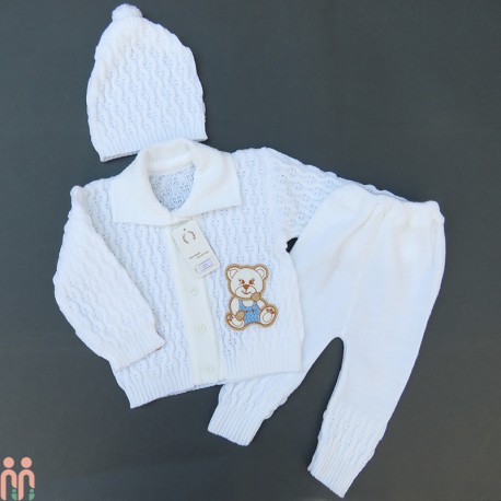 لباس بافتنی نوزاد سویشرت یقه دار و شلوار و کلاه شیری 3 تکه baby warm clothes set