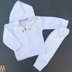 لباس بافتنی نوزاد سویشرت کلاه دار و شلوار سفید 2 تکه baby warm clothes set
