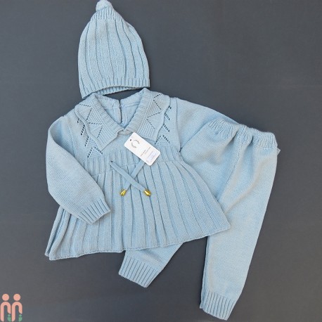 لباس دخترانه بافتنی نوزاد پیراهن و شلوار و کلاه آبی طوسی 3 تکه baby warm clothes set