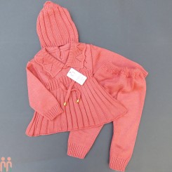 لباس دخترانه بافتنی نوزاد پیراهن و شلوار و کلاه مرجانی 3 تکه baby girl warm clothes set