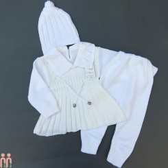 لباس دخترانه بافتنی نوزاد پیراهن و شلوار و کلاه شیری سفید 3 تکه baby girl warm clothes set