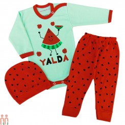 لباس نوزاد بادی بلند و شلوار و کلاه ست 3 تکه سبز قرمز یلدا cute watermelon baby clothes