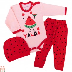 لباس نوزاد دخترانه بادی بلند و شلوار و کلاه ست 3 تکه صورتی قرمز یلدا cute watermelon baby clothes