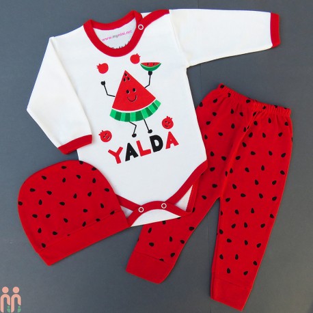 لباس نوزاد بادی بلند و شلوار و کلاه ست 3 تکه سفید قرمز یلدا cute watermelon baby clothes