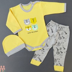لباس ست بادی بلند و شلوار و کلاه نخی نوزاد 3 تکه اعلا زرد حیوانات Baby new cotton clothes set