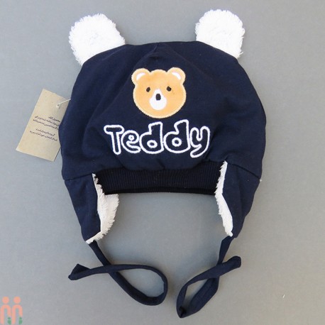 کلاه نوزاد روگوشی گرم داخل خزدار تدی سرمه ای Baby warm teddy hats