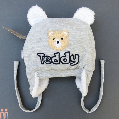 کلاه نوزاد روگوشی گرم داخل خزدار تدی طوسی Baby warm teddy hats