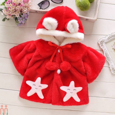 لباس شنل دخترانه کلاهدار خز وارداتی نوزاد و کودک 3 لایه قرمز ستاره girl warm red hooded cape