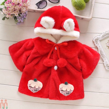 لباس شنل دخترانه کلاهدار خز وارداتی نوزاد و کودک 3 لایه قرمز توت فرنگی girl warm red hooded cape