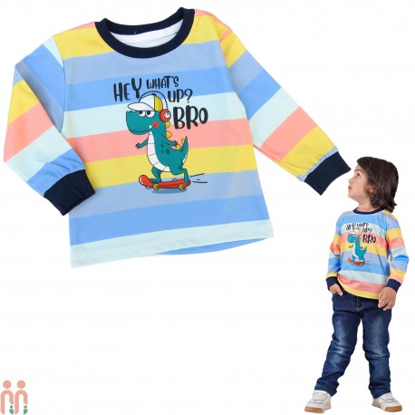 لباس بلوز بچه گانه نخی تمام چاپ راه راه رنگی دایناسور kids shirts