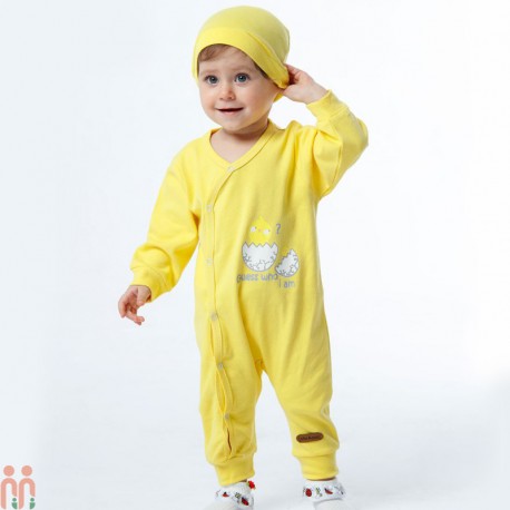 لباس ست سرهمی و کلاه نخی نوزاد ضدحساسیت 2 تکه زرد جوجه Baby cotton sleepsuits