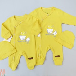 ست سرهمی و کلاه نخی نوزادی و کودک ضدحساسیت 2 تکه زرد جوجه Baby cotton sleepsuits