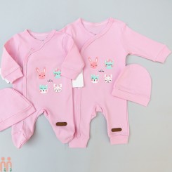 ست سرهمی و کلاه نخی نوزاد و کودک دخترانه ضدحساسیت 2 تکه صورتی انیمال فرندز Baby girl animal friends cotton sleepsuits