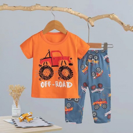 لباس ست تیشرت و شلوار پسرانه نخی وارداتی نارنجی ماشین بیگ فوت Baby clothes set