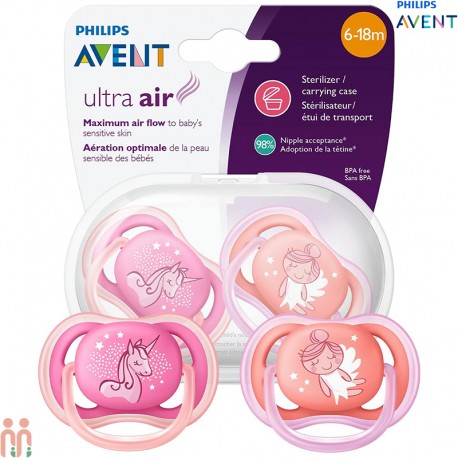 پستانک اونت التراایر نوزاد 6 تا 18 ماه 2 عددی صورتی یونی کورن و فرشته Philips Avent ultra air soother