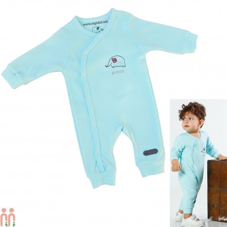 لباس سرهمی نوزاد نخی فیروزه ای طرح فیل Baby aqua ellephant cotton jumpsuits
