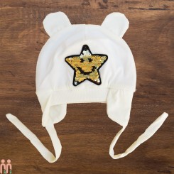 کلاه روگوشی خرسی پولک دار 2 لایه شیری ستاره طلایی