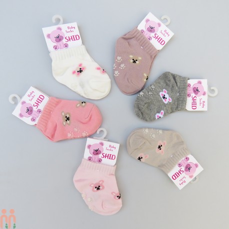 جوراب مچی نوزاد نخی استپ دار طوسی خرس 0 تا 1 سال Baby cute socks