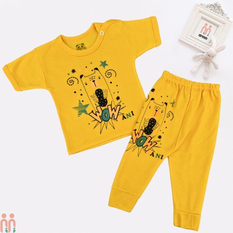 لباس ست تیشرت شلوار نخی نوزاد و کودک زرد خرس Baby clothes set