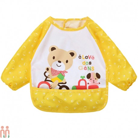 پیشبند لباسی کودک آستین دار ضدآب زرد خرس baby waterproof clothing bibs with sleeves