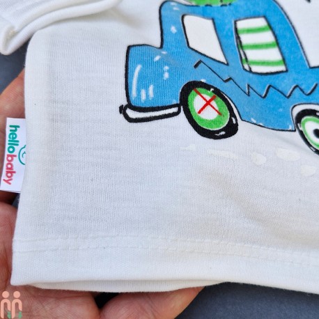 ست لباس نوزادی 5 تکه نخی آبی سفید ماشین Baby clothes set