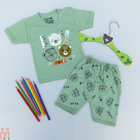 لباس ست تیشرت شلوارک نخی نوزاد و کودک سبز خرس فرندز Baby clothes set