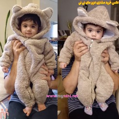 لباس سرهمی نوزاد خزدار بره ای کلاه دار فیلی تدی 6 تا 12 ماه Baby warm jumpsuits