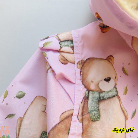 کاپشن دخترانه کلاه دار داخل خز ضدآب صورتی خرس شالگردنی Kids Jacket