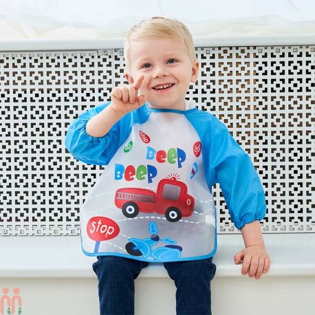 پیشبند لباسی بچه گانه ضدآب وارداتی آبی آتشنشانی baby waterproof clothing bibs with sleeves