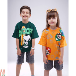 تیشرت و شلوارک لی ذغالی اسپرت بچه گانه نارنجی ماریو 2 تا 3 سال Kids mario tshirt and short pants
