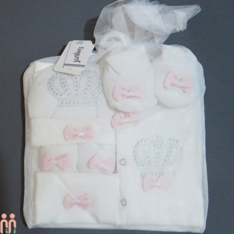 ست لباس بیمارستانی نوزاد 7 تکه نخی اعلا مارک جونیورز سفید صورتی پاپیون Baby born clothes set