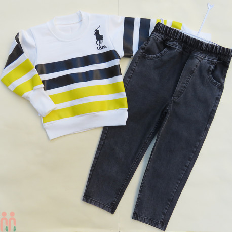 لباس مجلسی پسرانه بلوز فینگردار و شلوار لی راه راه زرد پولو Kids polo new set clothes