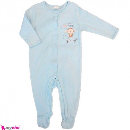 سرهمی نخی نوزاد و کودک 3 تا 6 ماه آبی میمون Baby cotton sleepsuit