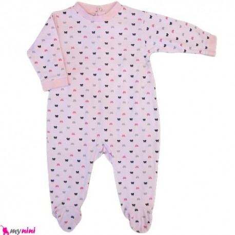 سرهمی نخی نوزاد و کودک 3 تا 6 ماه صورتی پاپیون Baby cotton sleepsuit