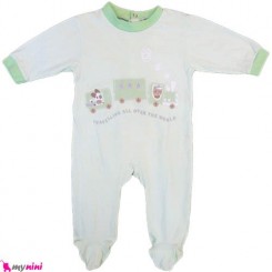 سرهمی نخی نوزاد و کودک 3 تا 6 ماه سبز قطار Baby cotton sleepsuit