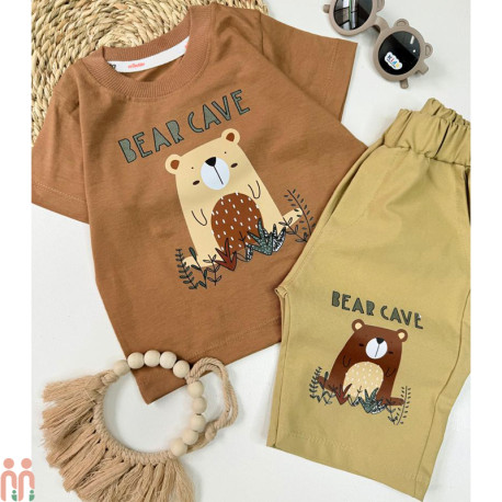 تیشرت و شلوارک کتان اسپرت بچه گانه شکلاتی نسکافه ای خرسی Kids tshirt and short pants