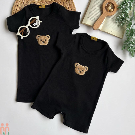 رامپر مشکی نخی کبریتی نوزاد و بچه گانه تدی Baby cotton rompers