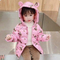 کاپشن پفی بچه گانه دخترانه اسپرت ضدآب گرم 3 لایه وارداتی صورتی خرس تدی kids hooded jacket